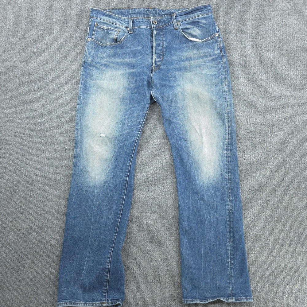 G-Star Raw 3301 Loose Jeans Mens 36x32 Blue Relaxed Straight Distressed Denim